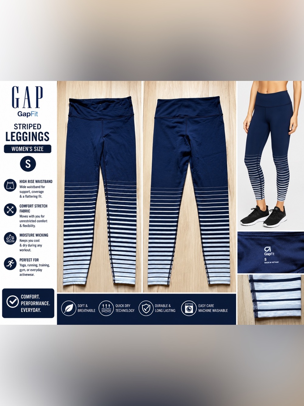 GapFit Navy Blue Striped Crop Leggings Women’s Small High Rise Athletic Yoga